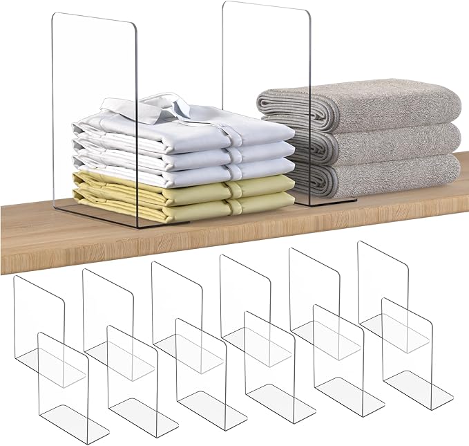 OKPOW Shelf Dividers Closet Organizer - 12" Tall X 9" Deep Acrylic Clear Sturdy Separate for Clothes Purse - Adjustable Space Saver Easy Install for Home Organization Enthusiasts 12 Pack by OKPOW