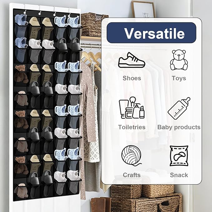 Over the Door Shoe Organizer - 40 Large Breathable Mesh Pockets, Space Saving Hanging Shoe Organizer with Metal Hooks, Hanging Shoe Rack for Men's and Women's Shoes (Black) - Image 3