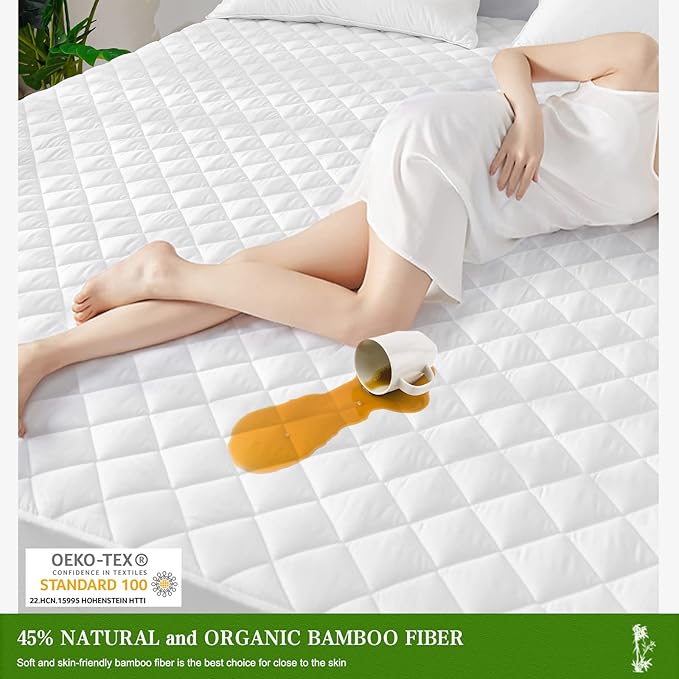 UNILIBRA Full Mattress Pad Waterproof Rayon Made from Bamboo, Fitted Deep Pocket Mattress Cover fits 6''-19'', Breathable Quilted Mattress Protector, White