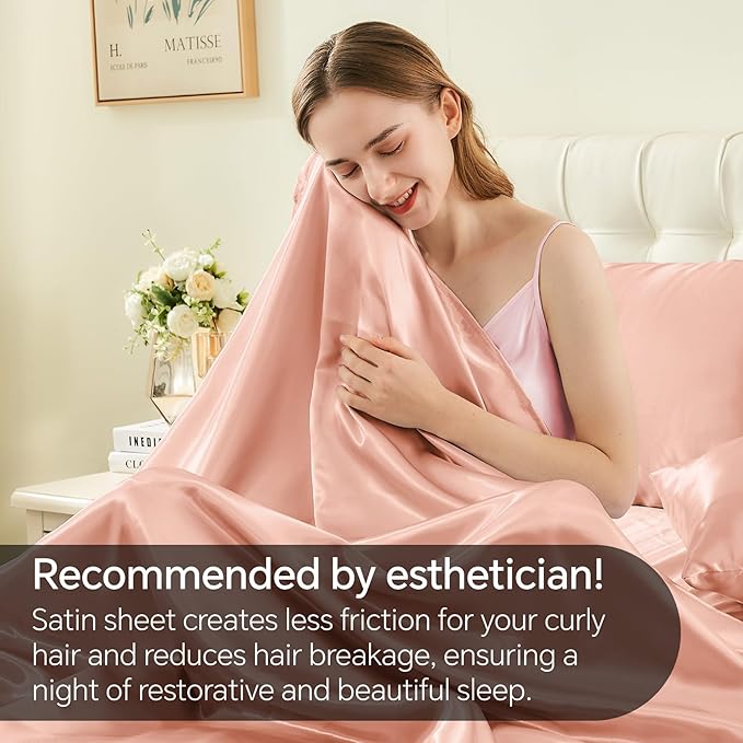 BEDELITE California King Sheets Set, Luxury Soft Coral Pink Satin Sheets for Hair and Skin, Similar to Silk Bed Sheets Set 4 Pieces with 1 Deep Pocket Fitted Sheet, 1 Flat Sheet, and 2 Pillowcases