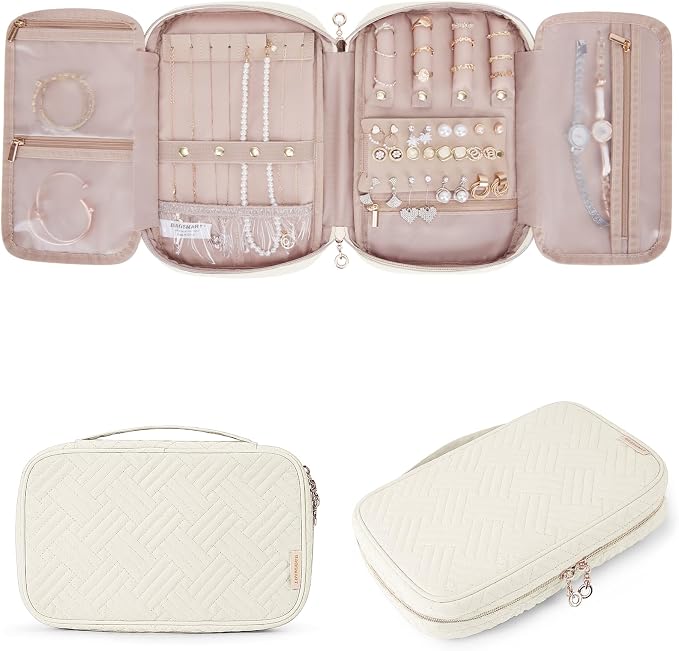 BAGSMART Travel Jewelry Case, Jewelry Organizer for Women Girls, Zipper Rings Holder Storage Pouch for Rolls Necklaces,Stud Earrings,Bracelets, Beige by BAGSMART