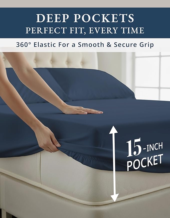 LANE LINEN 100% Egyptian Cotton Bed Sheets - 3-Piece Twin XL Set Long Staple Bedding Sateen Weave Luxury Hotel Fits Upto 15" Mattress - Dark Denim