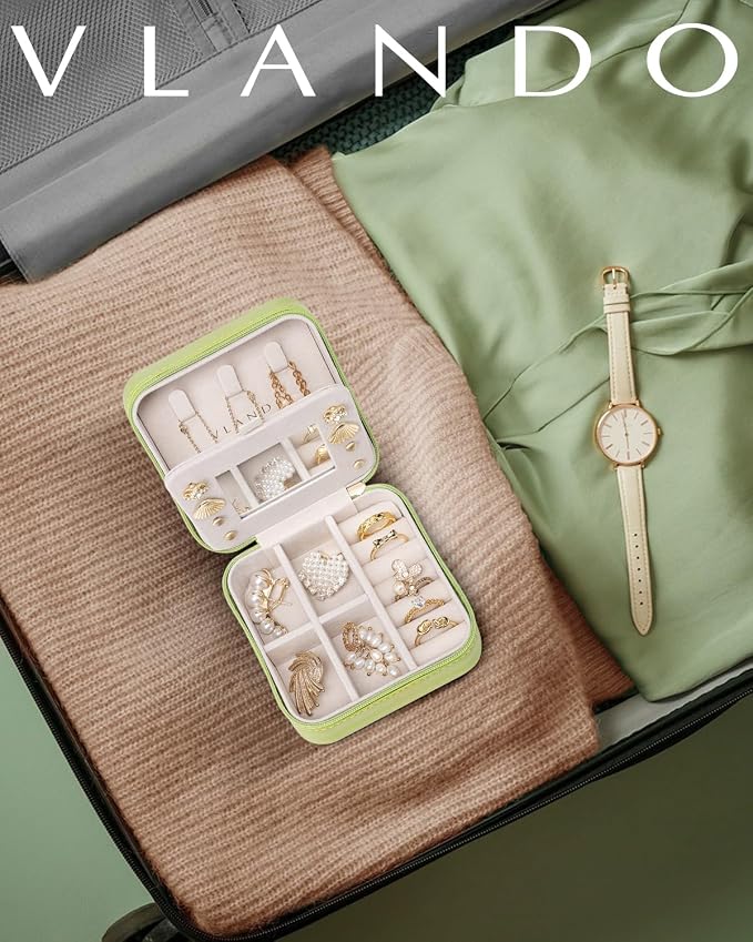VLANDO Small Travel Jewelry Box Organizer - Girls Women Gift Rings Earrings Necklaces Jewelry Storage Display Case with Mirror Green - Image 6