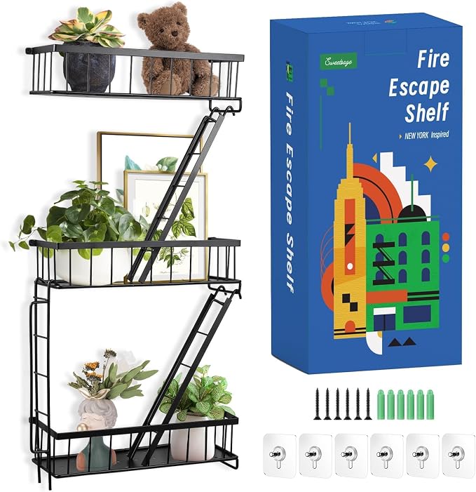 SweetSage Fire Escape Wall Shelf - New York Decorative Ladder Shelf, Wall Art Floating Shelf Black Metal Shelves for Bedroom, Home Office Storage and Display (3-Tier) by HOME