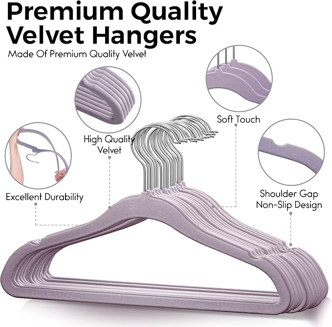 TechZoo 50 Premium Kids Velvet Hangers - 14'' Non-Slip, Ultra-Slim & Space-Saving Hangers - 360° Swivel Hook, Strong & Durable for Children & Preteens - Purple - Image 9
