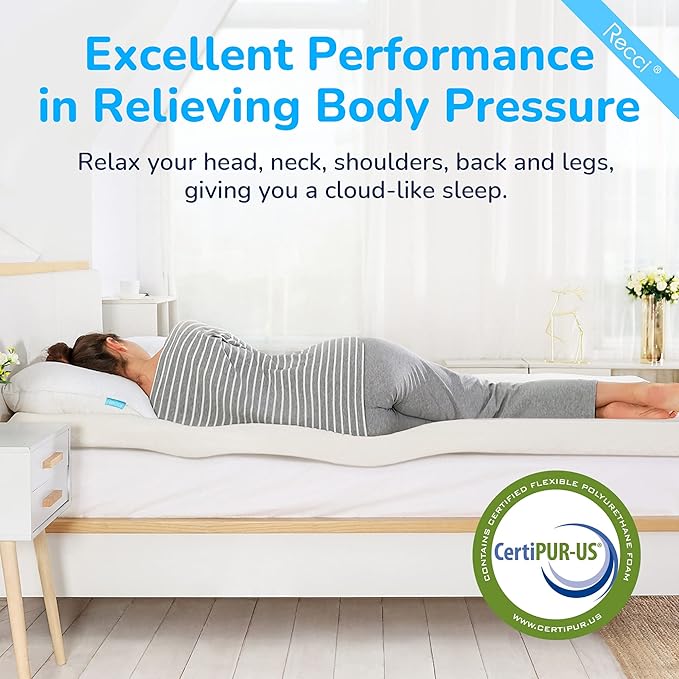 RECCI Memory Foam Mattress Topper, Pressure-Relieving Mattress Topper for Back Pain, Non-Slip Design with Removable & Washable Cover, CertiPUR-US Certified, 2 Inch Queen