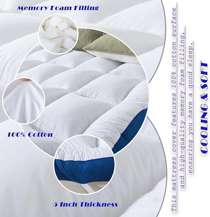 WhatsBedding 5 Inch Memory Foam Full Size Mattress Topper 100% Cotton Top, Filled with Breathable & Soft Memory Foam Pillow Top,4 Elastic Straps