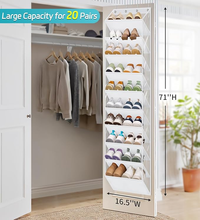 AOODA 10 Tier Clear Over the Door Shoe Organizer Storage, Deep Pockets Large Hanging Shoe Rack for Closet Door, Fit 20 Pairs Sneaker Holder Hanger for Boots (White) - Image 2