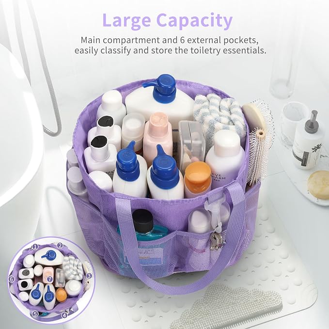 Mesh Shower Caddy Portable for College Dorm Room Essentials, Shower Tote Bag with Hanging Hook and Drawstring, Quick Dry Toiletry Bag with 6 Pockets for Bathroom, Swimming, Gym, Camping, Beach, Travel - Image 2