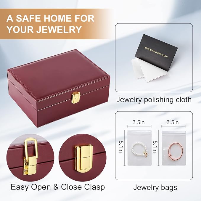 Jewelry Boxes for Women Girls PU Leather Jewelry Organizer Box 2 Layer Large Jewelry Storage Case Removable Tray for Necklace Earring Ring with Polishing Cloth and Jewelry Bags - Image 4