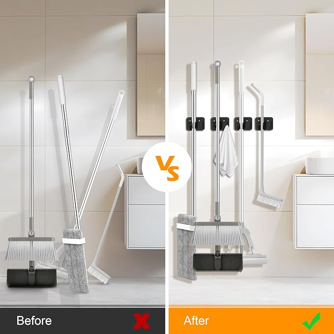 4 Pack Stainless Steel Broom Holder Wall Mount with Hook, Screw Drilling Broom and Mop Organizer Wall Hanging, Heavy Duty Storage Rack for Laundry Garage Closet Garden Tool Organizer, Black - Image 2