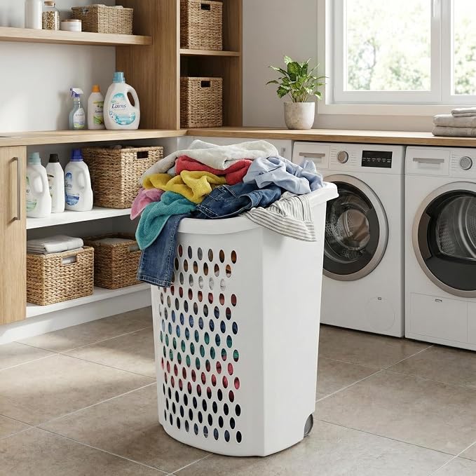 Wheeled Plastic Laundry Hamper,Ultra Wheeled Design Clothes Laundry Basket,Extra Large 135L Pull Handle & Side Grips Plastic Ventilated Clothes Basket for Home, Dorm, or Apartment - Image 7