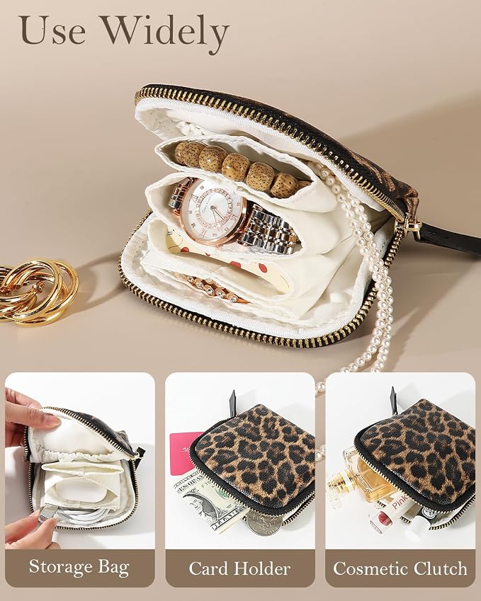COOLYOUTH Travel Jewelry Case Organizer for Women Portable Jewelry Box with Small Pouches Mini Jewelry Bag for Rings, Bracelets, & Bangles with Smooth Metal Zipper (Brown Leopard) - Image 4