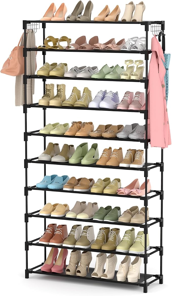 LANTEFUL 10 Tiers Shoe Rack 50 Pairs Large Capacity Tall Shoe Organizer Sturdy Shoe Storage with Two Hooks Space Saving Metal Wide Shoe Rack for Closet, Entryway, Bedroom, Black by LANTEFULforTidyingHouse