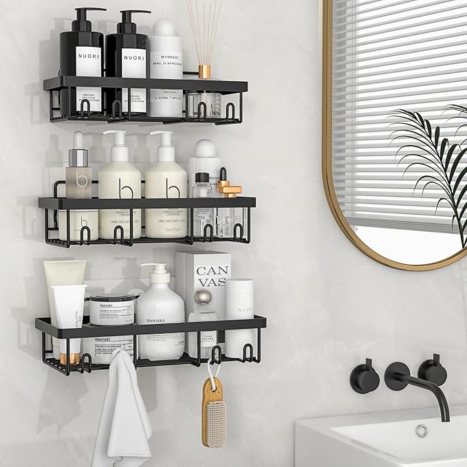 Liuoud 10 Pack Shower Caddy Organizer Rack Shelf for Inside Shower, Self Adhesive Wall Storage Basket Rustproof Stainless Steel Shampoo Holder Bathroom Accessory Decor Set, Black - Image 7