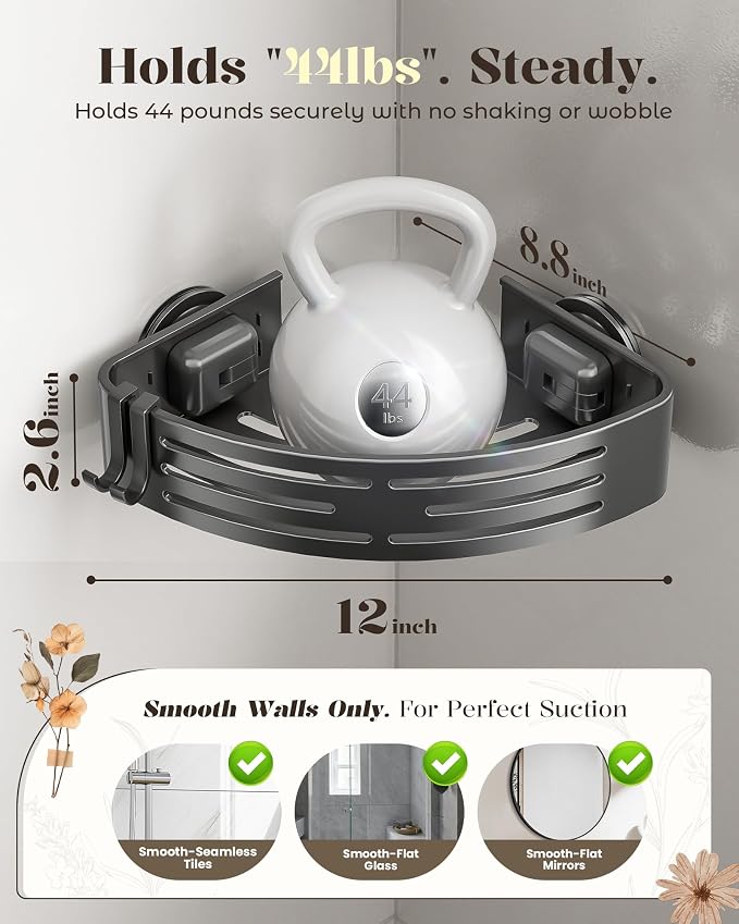 Corner Shower Caddy Suction Cup,Shower Shelves with Hooks,No Drilling Powerful Suction Bathroom Organizers and Storage,Removable Waterproof Rustproof Shower Bathroom Accessories Decor(Grey 3Pack) - Image 2