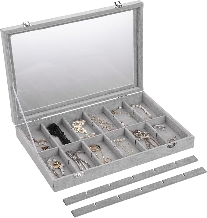 Frebeauty Velvet Jewelry Tray,24 Grid Jewelry Organizer with Clear Lid,Earring Holder Organizer with Clasp,Drawer Insert Rings Pendants Brooches,13.8 x 9.5 x 2 Inches,Gift for Women Girls(Grey) - Image 5