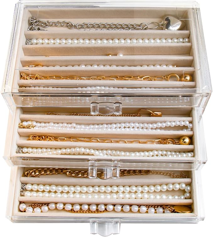 YUFONG Necklace Holder Organizer, Dustproof Necklace Box Velvet Necklace Organizer Box with Lid Clear Acrylic Dustproof Stackable Jewelry Displays for Necklaces Chain Display (Beige, 3 Drawer) by YUFONG