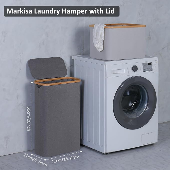 Slim Laundry Basket,60L Laundry Hamper with Lid, Tall Hamper for Laundry,Dirty Cloth Hamper with Bamboo Handle for Toys,Towels, Clothes Organizing,Grey - Image 3