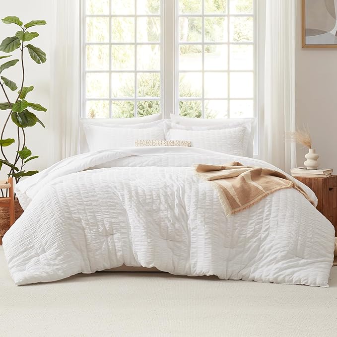 CozyLux King Size Comforter Set White Seersucker 7 Pieces Bed in a Bag King Comforter Set with Sheets, Luxury Soft Bedding Sets with Down Alternative Comforter, Sheets, Pillowcases & Shams All Seasons