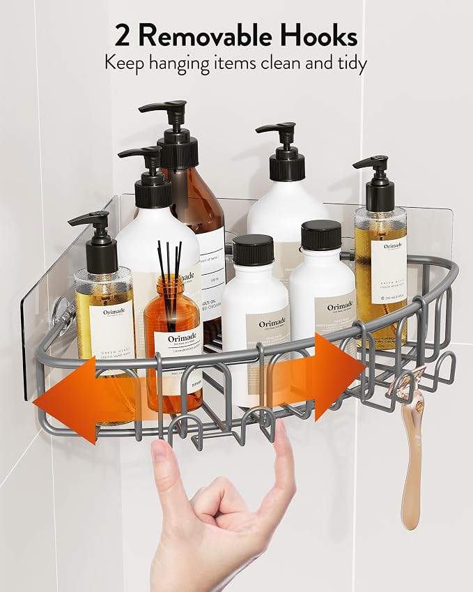 Orimade Corner Shower Caddy with 2 Hooks Wall Mounted Metal Bathroom Shelf Storage Organizer Adhesive No Drilling 2 Pack, Grey Only for 90-Degree Corner - Image 5