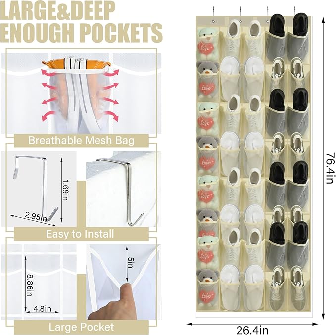 Windyun 40 Over the Door Shoe Organizer Large Breathable Mesh Pockets Hanging Shoe Rack for Closet Beige Behind Door Hanger Storage Holder Nonslip Hooks for Women Men Entryway Bedroom Utility Room - Image 2