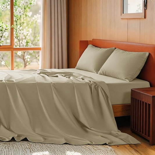 SONORO KATE 100% Egyptian Cotton Sheets Queen Size - 600 Thread Count, Luxury Hotel Sateen Weave Bedding Set, Soft Breathable Sheet Sets, 16" Deep Pocket - 4 PC(Linen,Queen)