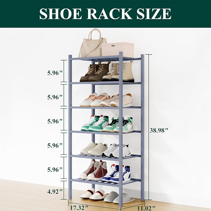Smiry Shoe Rack, 6 Tier Small Bamboo Shoe Organizer, Stackable Free Standing Wooden Shoe Storage Shelf for Closet, Entryway, Front Door Entrance, Grey - Image 2