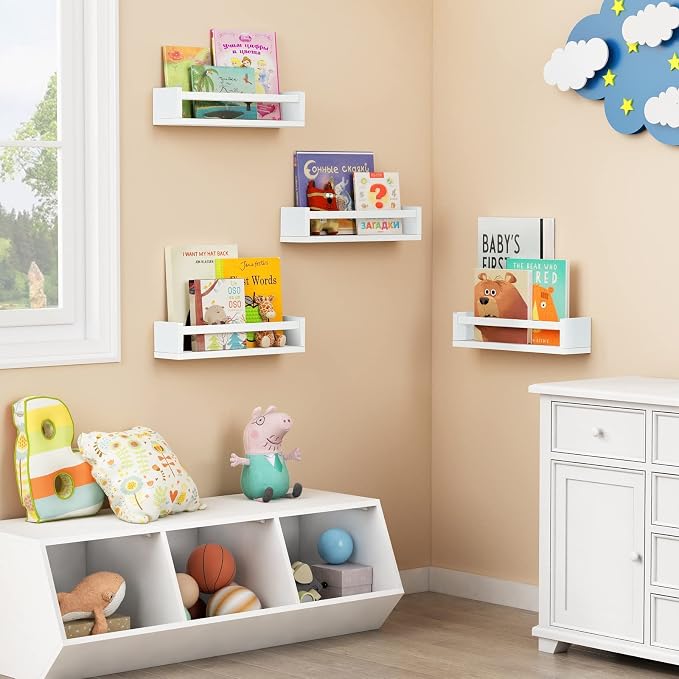Forbena Floating Nursery Book Shelves for Wall Set of 4, Wall Bookshelf for Kids Room, White Wood Hanging Bookshelves Book Shelf for Baby Toddler Childrens Boy Girl Bedoom Toy and Decor Storage - Image 2