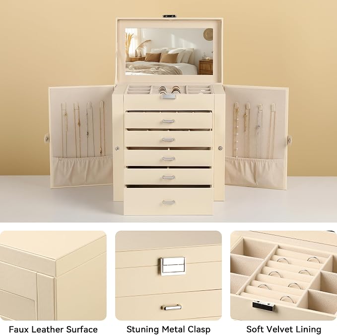 Frebeauty Large Jewelry Box,6-Tier PU Leather Jewelry Organizer,Multi-functional Storage Case with Mirror,Accessories Holder with 5 Drawers for Necklace Bracelets Watches(Beige) - Image 4