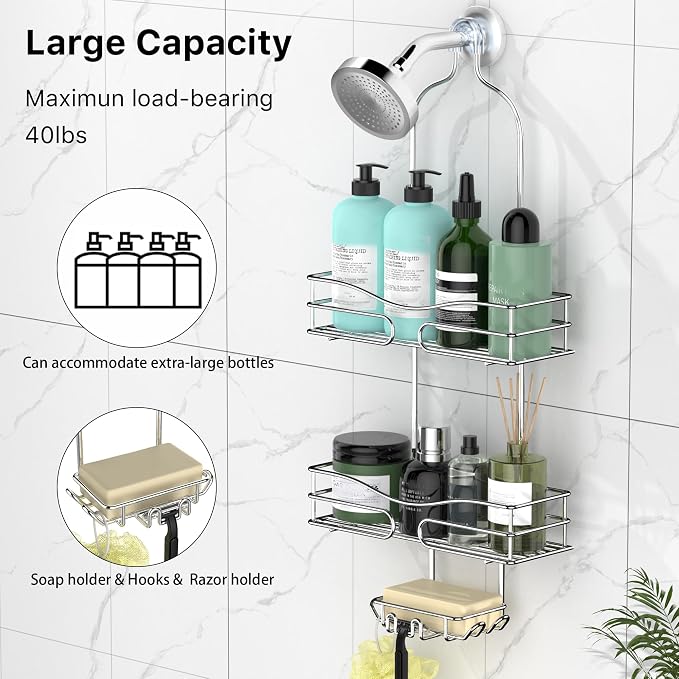 DAOYA Shower Caddy - Organizer with 6 Hooks, Soap Basket & Self-Adhesive Pad, Silver - Image 2