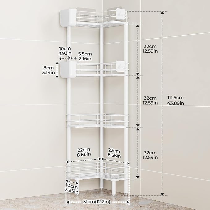 Orimade Rustproof 4 Tier Floor Standing Corner Shower Caddy Organizer with Toothbrush Holder, Large Spacing Floor Shower Shelf Rack Storage Stands with Hooks for Bathroom Kitchen, White - Image 2