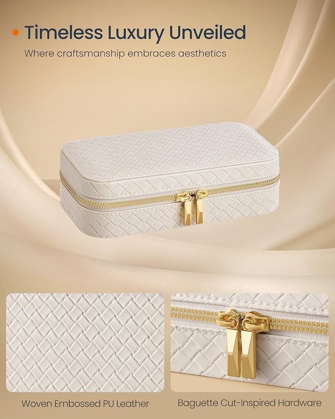 SONGMICS HOME Travel Jewelry Case, Jewelry Organizer Box with Mirror, Jewelry Pouch, Woven Embossed PU Leather, Portable Jewelry Storage, Gift Idea, Cloud White UJBC197W01 - Image 3