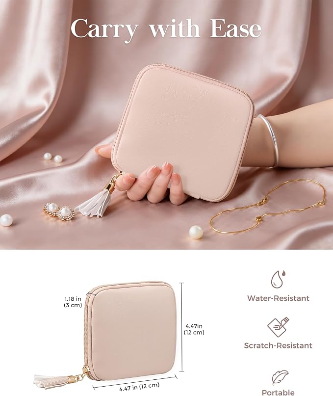 Lolalet Travel Jewelry Case Organizer, Small Jewellery Pouch with Compartments for Storage, Soft Velvet Bag for Traveling Women, Full-Zip Packing for Necklaces, Earrings, Bracelets -Apricotpink - Image 3