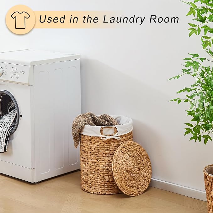 Round Water Hyacinth Laundry Hamper with Lid Handwoven Wicker Basket with Handles for Dirty Clothes, Storage, and Organization, No Assembly Required, 40L - Image 4