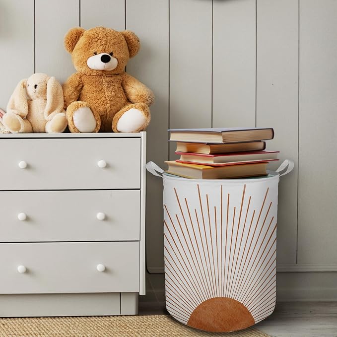 Boho Laundry Basket, Mid Century Modern Boho Terracotta Sun Sunshine Waterproof Collapsible Laundry Hamper Dirty Clothes Storage Toy Bin Organizer for Bathroom Bedroom Nursery Girls Kids Room - Image 4
