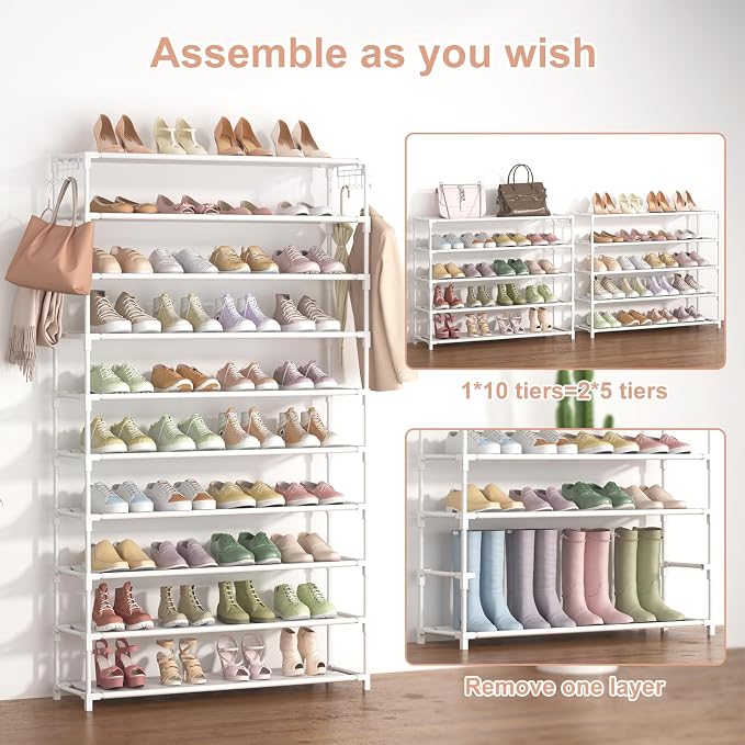 LANTEFUL 10 Tiers Shoe Rack 50 Pairs Large Capacity Tall Shoe Organizer Sturdy Shoe Storage with Two Hooks Space Saving Metal Wide Shoe Rack for Closet, Entryway, Bedroom, White - Image 5