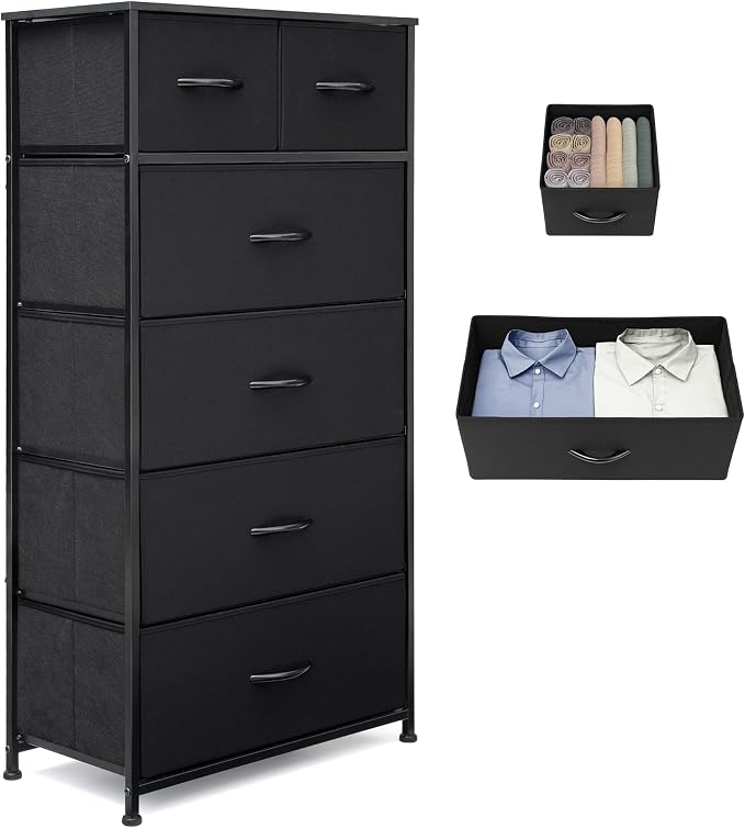 Fabric Dresser for Bedroom, Tall Skinny Dresser with 6 Drawers, Storage Organizer Tower, Steel Frame Wooden Top for Closet, Living Room, Hallway, Nursery(Black) by VredHom