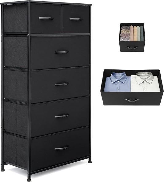 Fabric Dresser for Bedroom, Tall Skinny Dresser with 6 Drawers, Storage Organizer Tower, Steel Frame Wooden Top for Closet, Living Room, Hallway, Nursery(Black) by VredHom
