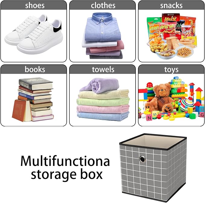 Foldable Storage Cubes Bins,11 Inch Cloth Storage Cube Fabric Storage Box Cubes Organizer Baskets with Dual Handles for Home Organizer Set of 3 (Grey grid) - Image 3