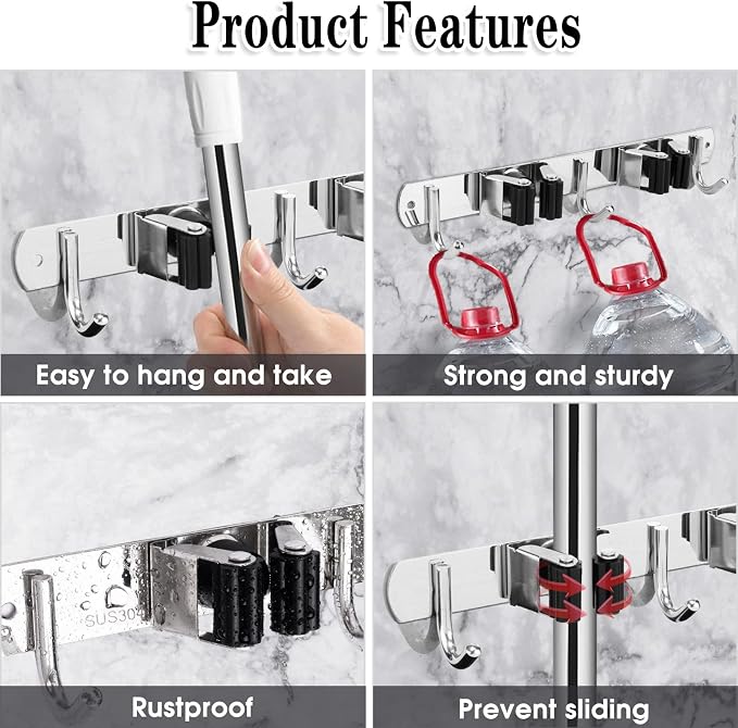 2 Racks and 3 Hooks Broom and Mop Holder Wall Mounted Garage Organizer Storage Tool Racks Stainless Steel Heavy Duty Hooks Self Adhesive Solid Non-slip Wall Hangers for Home Kitchen Garden Laundry - Image 2