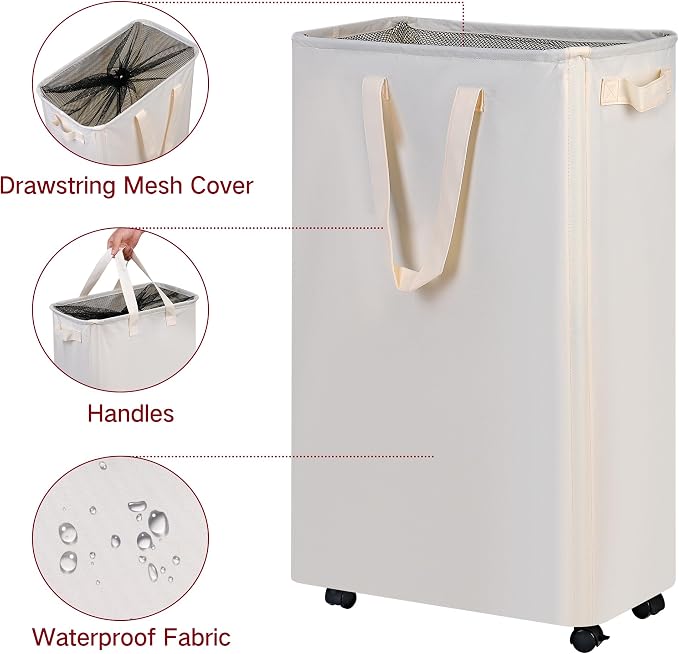 Slim Laundry Hamper with Wheels, Rolling Laundry Basket for Clothes, Small Laundry Basket for Bedroom, Dorm and Laundry Room, 75L (19.8 Gallons) Beige - Image 3