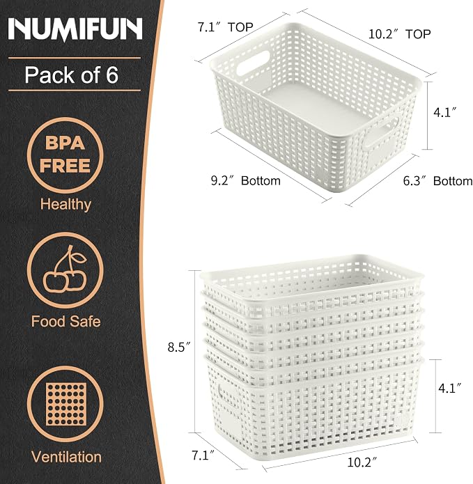 Plastic Storage Baskets 6 Pack Sturdy Storage Organizer Basket Woven Plastic Storage Bins for Shelves,Closet,Countertops, Desktops, Cabinets and Badrooms,Saving Storage, Stylish Design,White - Image 2