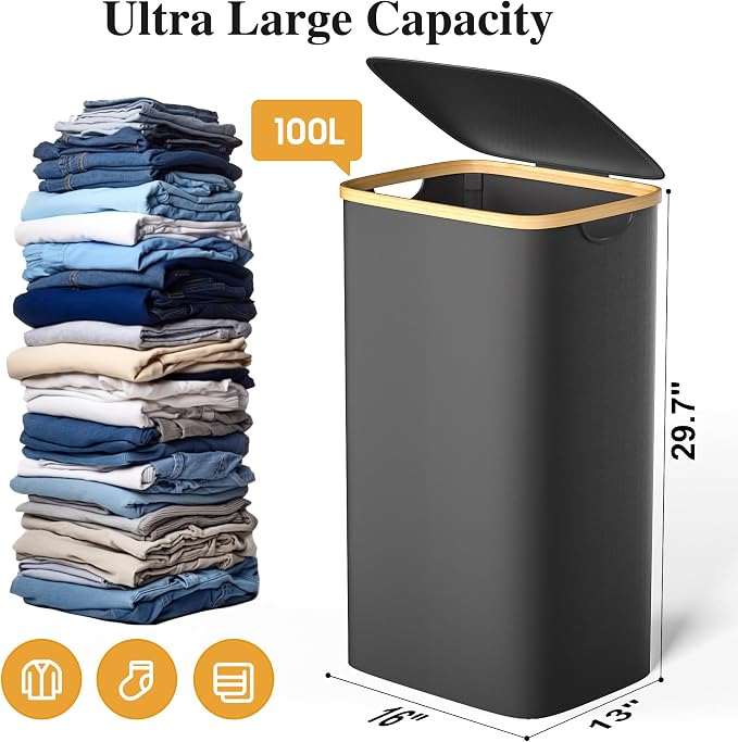 Foluck Large Laundry Hamper, 100L Waterproof Laundry Basket with Lid and Removable Bag, Collapsible Tall Clothes Hamper with Bamboo Handles for Clothes Toys in Dorm Bedroom Bathroom, Black - Image 2