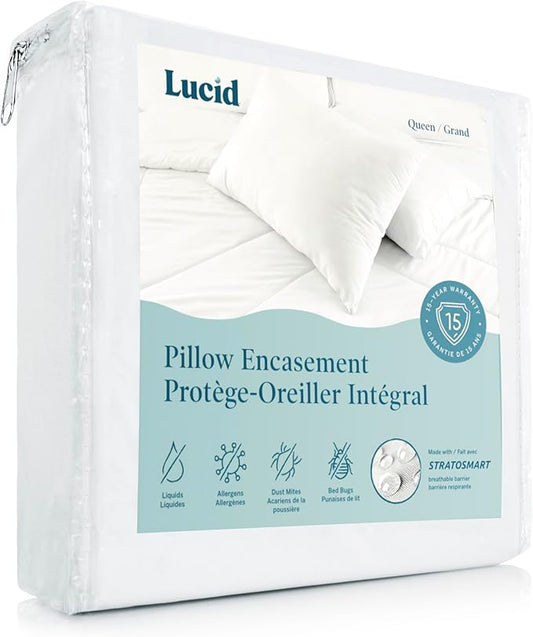 LUCID Zippered Pillow Encasement ?€? Waterproof Standard Size Pillow Protector ?€? Shields All Sides ?€? Quiet cover ?€? White