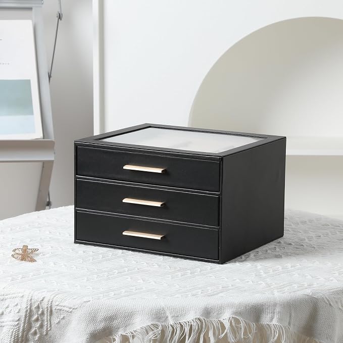 Frebeauty Clear Lid Jewelry Box,3-Layer Jewelry Organizer with Drawer,PU Leather Jewelry Organizers and Storage,Jewelry Boxes for Women,Jewelry Storage for Rings Earring Stud,Gift for Women(Black) - Image 6