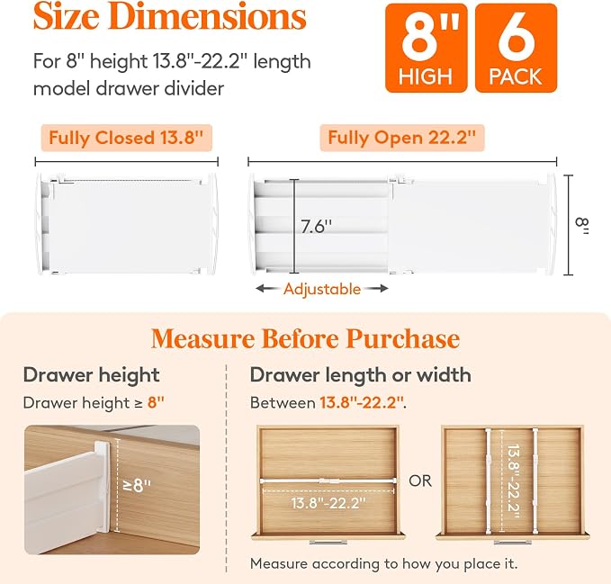 Lifewit 8" Tall 6 Pack Drawer Dividers, 35-56.5cm/13.8-22.2" Expandable Drawer Divider for Clothes, Adjustable Dresser Drawer Organizers, Drawers Separators for Dresser/Bathroom/Closet/Kitchen White - Image 3