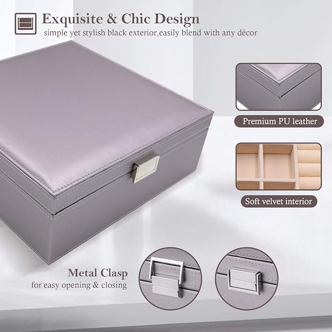 ProCase Jewelry Box for Women, 2 Layers Large Leather Jewelry Organizer Storage Case with Removable Pad for Earrings -Pearlizedsilver - Image 4