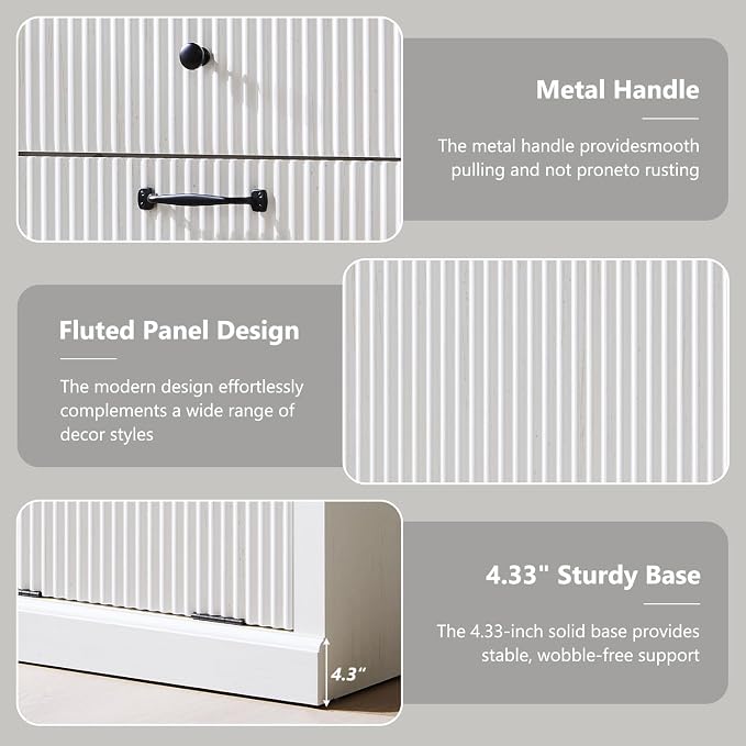 IFBUY Modern Double Tilt-Out Laundry Hamper Cabinet, 20 Gallon Fluted Trash Can Cabinet w/2 Drawers, Wooden Hidden Garbage Can Cabinets with Laundry Basket, for Bathroom and Kitchen, Antique White - Image 5