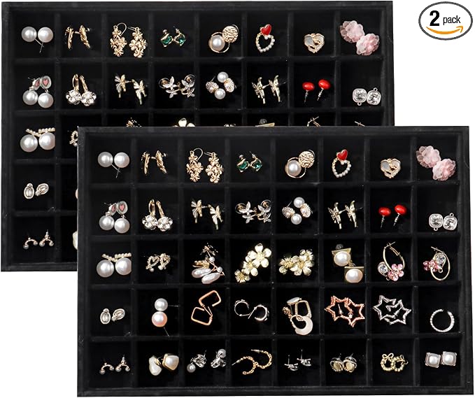 Large Velvet Jewelry Tray 2 Pack Stackable Jewelry Display Drawer Inserts Trays Organizer for Earring Bracelet Necklace Ring (Black, 40 Grids) by Unknown